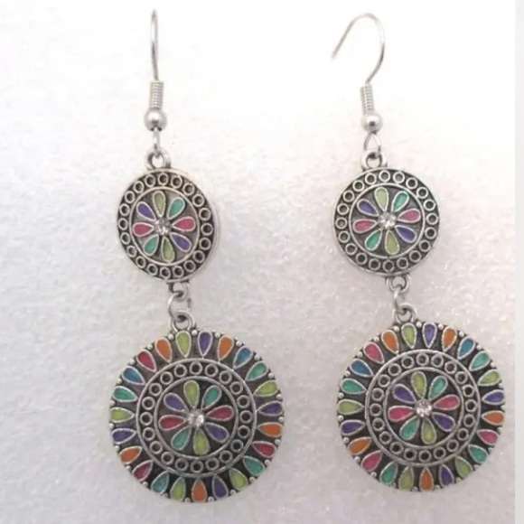 Jewelry - Dangling Medallion Multicolored Silvery Earrings Costume Jewelry